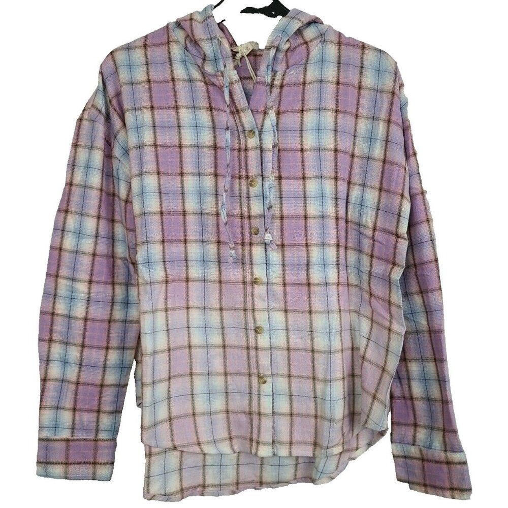 Hem and Thread Womens Hooded Shirt Large Purple Plaid Deep Dye Button Up BOHO